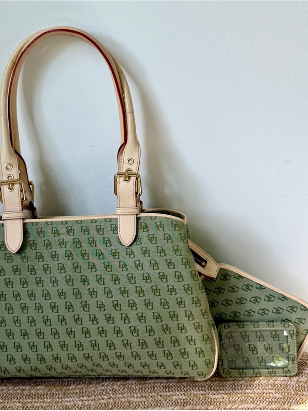 Vtg Dooney & Bourke Signature It Bag Sage Green Monogram Y2K 3pc Set 2000s 90s